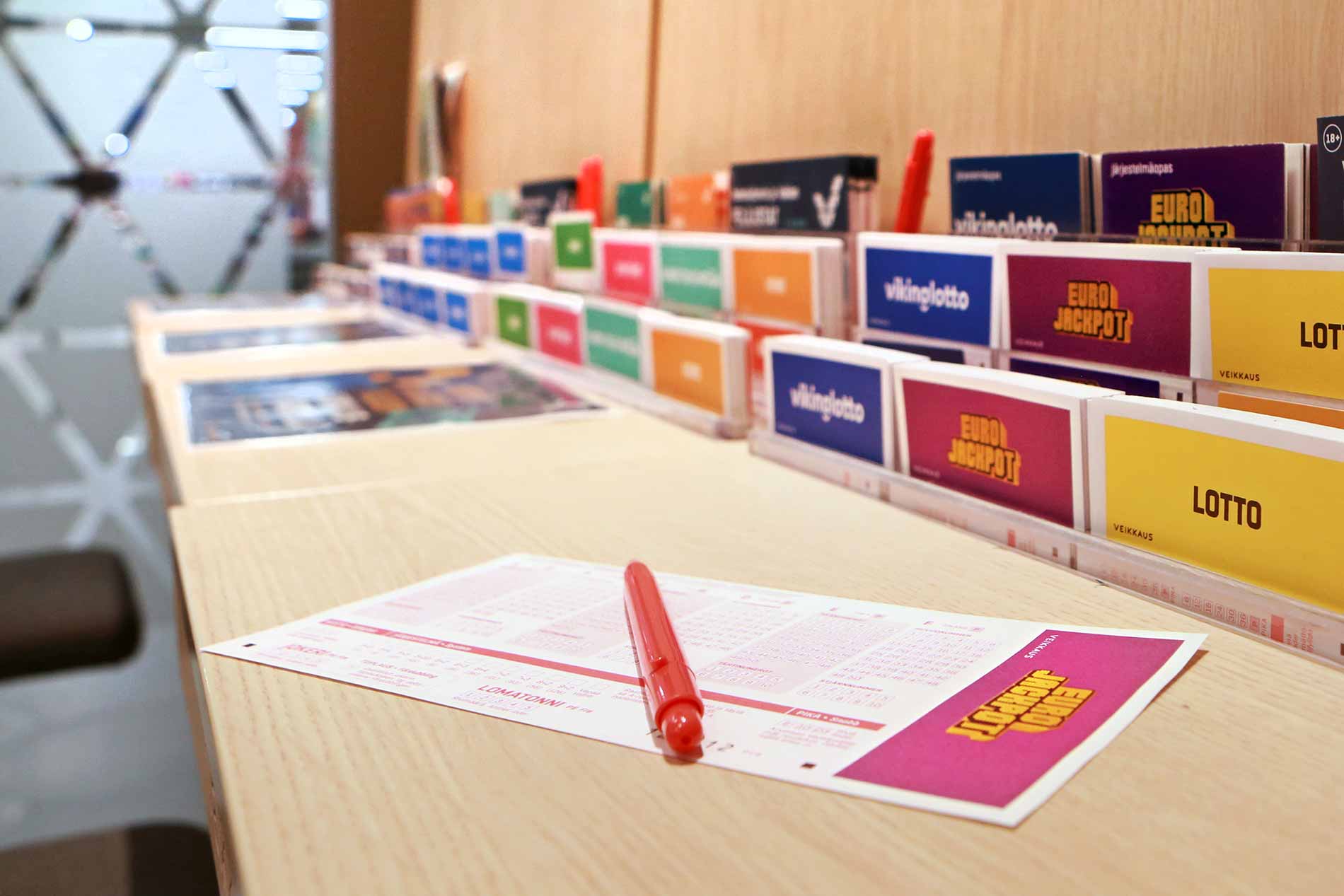 A Eurojackpot game slip from Veikkaus resting on a table in a photograph provided by Veikkaus.