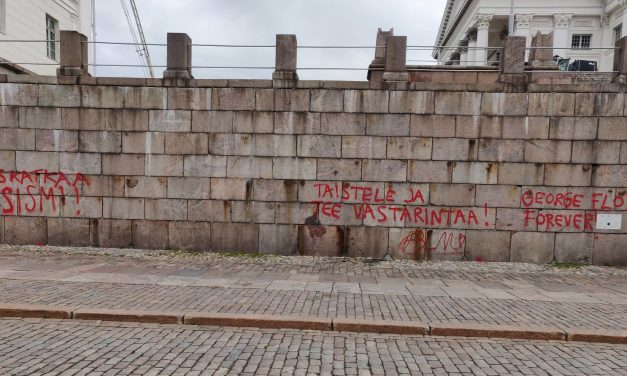 The Retaining Wall of the Helsinki Cathedral Covered With Spray-Painted Slogans Against Racism