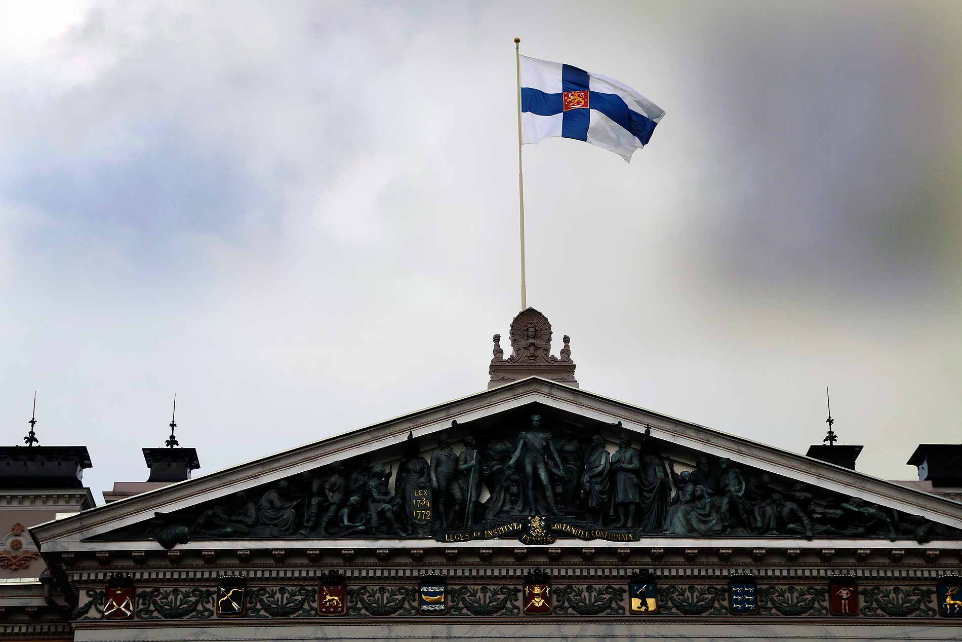 The state flag proudly waves atop the roof of the House of the Estates on the National Veterans' Day in Helsinki on April 27, 2026. Photograph: TONY ÖHBERG/FINLAND TODAY