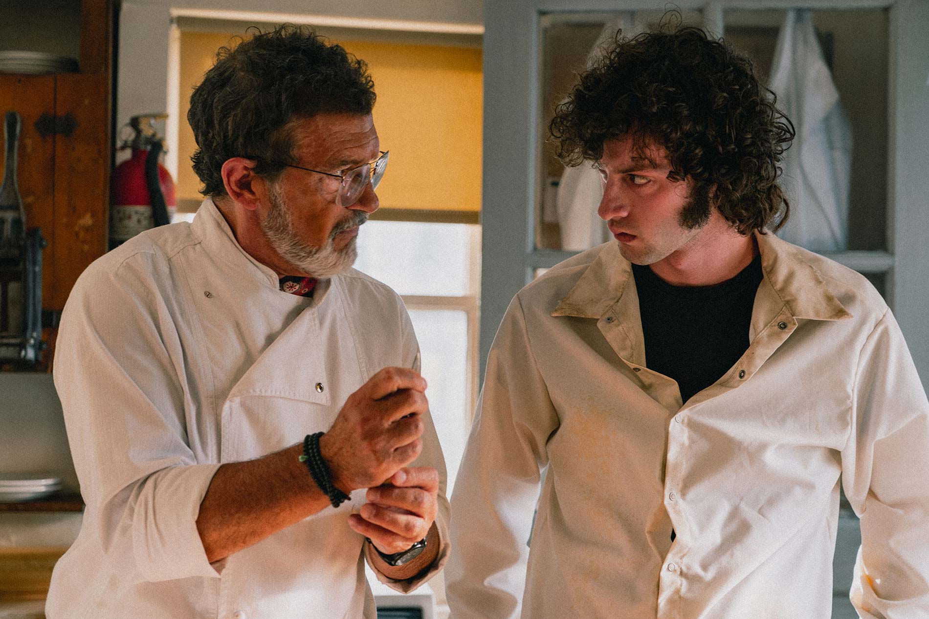 Before the legend took shape, Bourdain (right) (Dominic Sessa) stood in white beside the chef (Antonio Banderas) and listened. Photograph: Seacia Pavao
